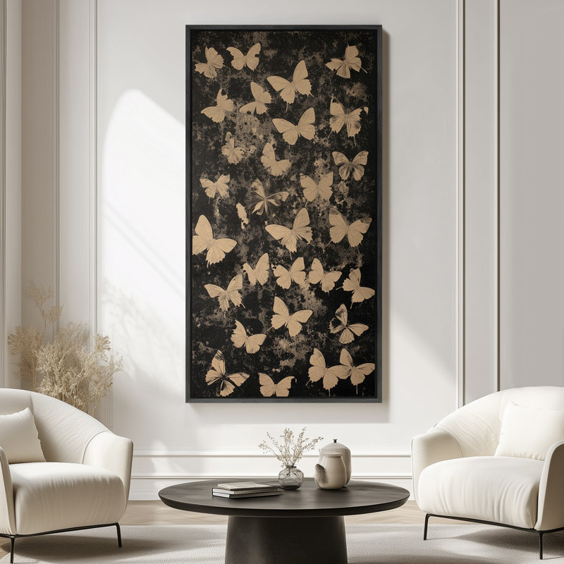 Papillon, silhouettes sur fond foncé - grande impression encadrée sur toile de la chambre principale, Noir