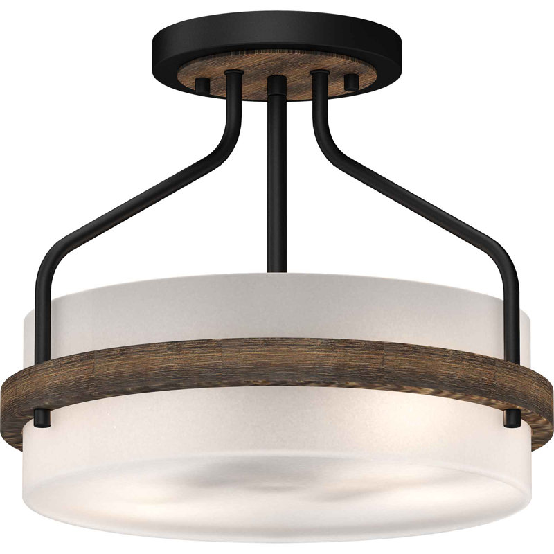 Loon Peak® 4743 Emery 2-Light Indoor Walnut & Black Semi-Flush Mount Ceiling Fixture with Frosted Glass Drum