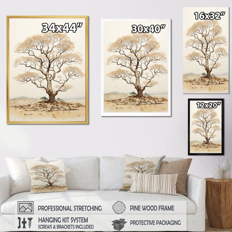 Baobab, arbre beige, minimalisme I - arbre, baobab, estampes, Cadre doré simple, H 40 po x l 30 po
