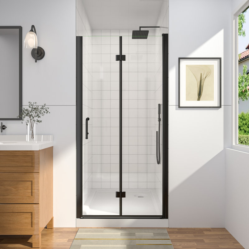 Porte de douche pliante en verre sans cadre, 91-95 cm de largeur x 183 cm de hauteur, Noir