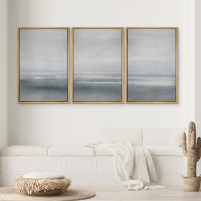 " Serenity Seascape Soft Blue Ocean Views Modern Art Decor Rustic Calm Zen " 3 - Pieces