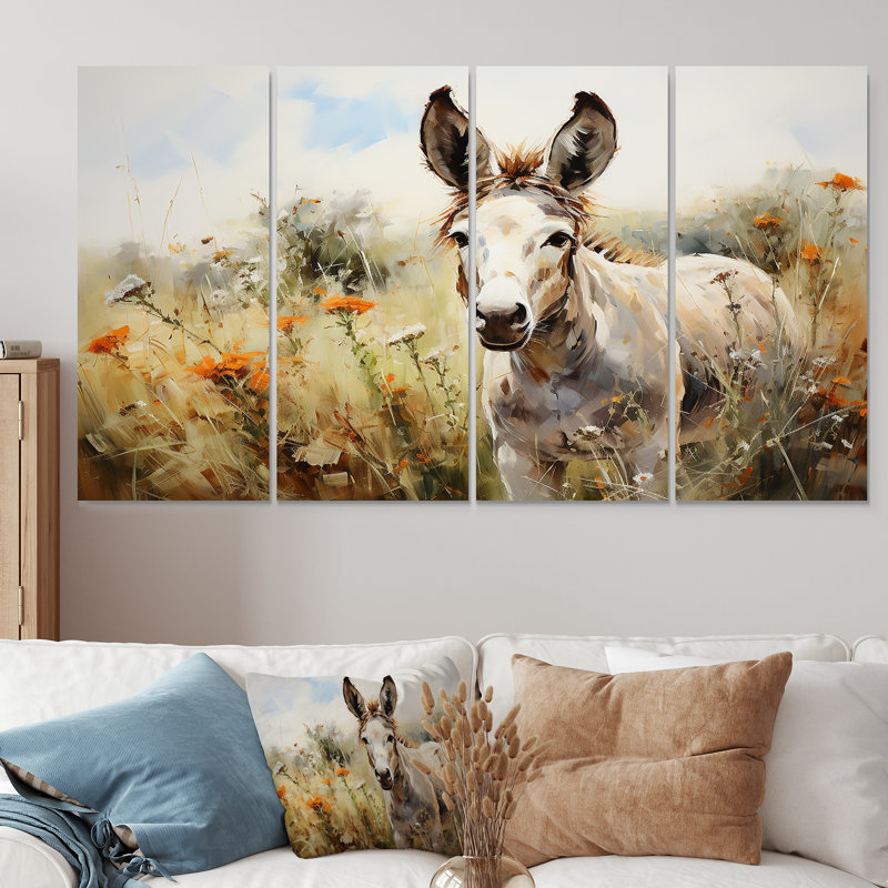 «Donkey Flower Meadow Landscape II - Donkey», ensemble de 4 pièces d'art mural, H 28 po x l 48 po