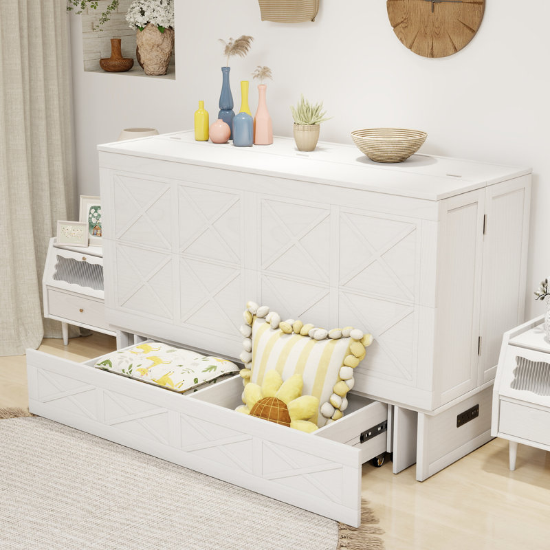 Armoire-lit escamotable en bois massif avec station de charge, grand tiroir de rangement, lit escamotable mural blanc (matelas non inclus)