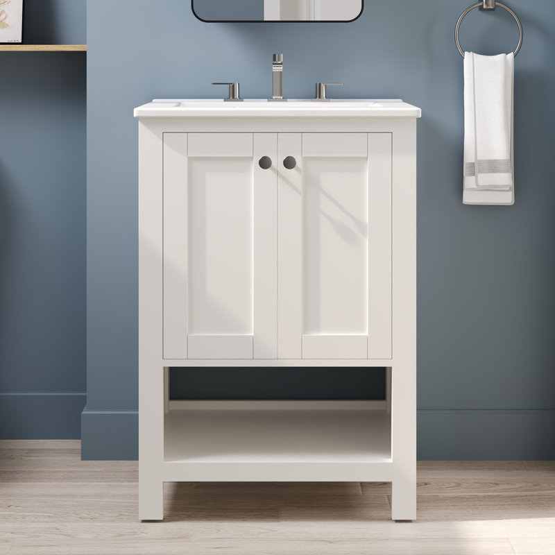 24" White Solid Wood Freestanding Bathroom Vanity with Ceramic Sink