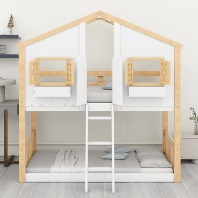 House Bunk Bed With Roof , Window, Window Box, Door , With Safety Guardrails And Ladder