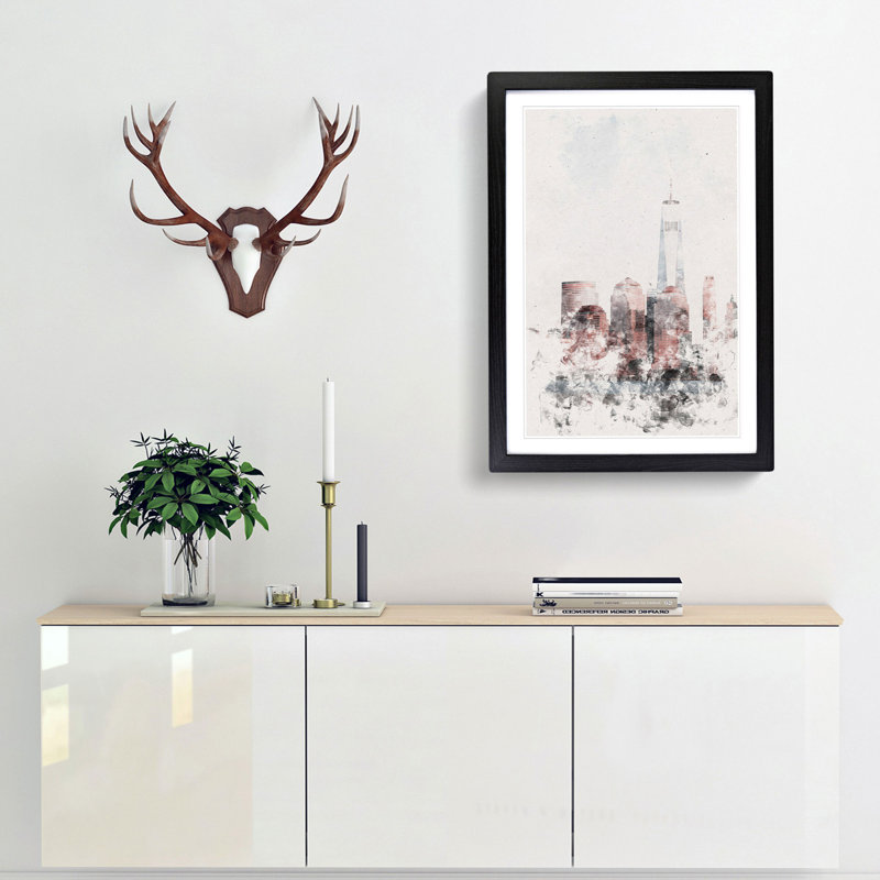 Downtown New York City Skyline Watercolour - Picture Frame Graphic Art, 63cm H x 45cm W x 2cm D, Black Framed