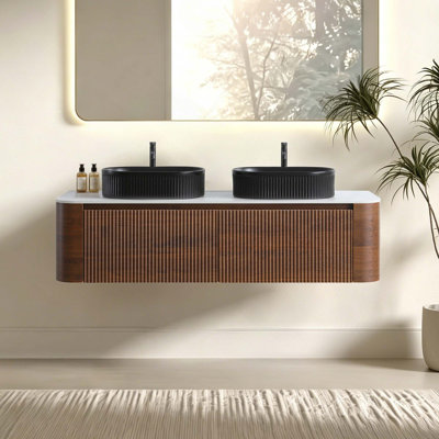 Meuble-lavabo mural 60 po avec double lavabo en céramique rayé ovale et porte-serviettes gratuit pré-assemblé