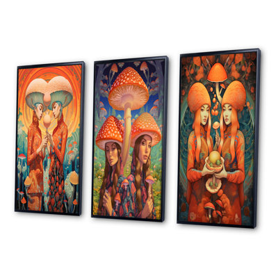 "Orange surréalisme, champignon", 3 pièces sur toile