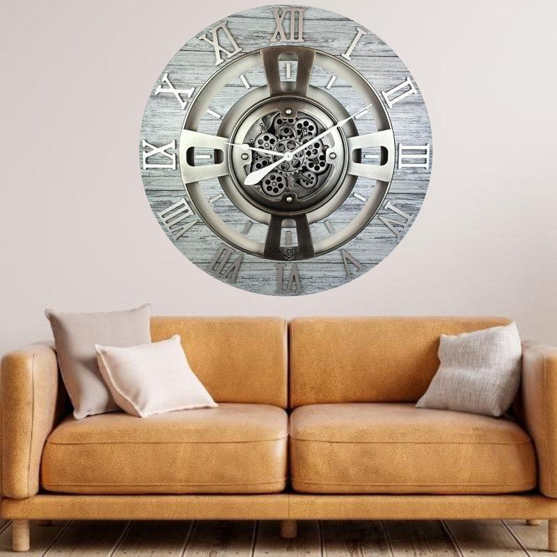 Oversized Silver Grey Wall Clock with Real Moving Gears
