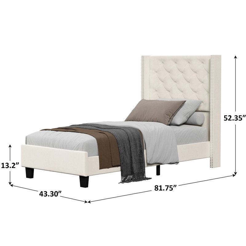 Meriton Wingback Upholstered , Metal frame, No Box Spring, Plywood Slats, Twin, Cream