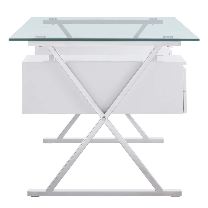 Elegant 71" White Glass Desk with Floating Drawers & Steel Frame