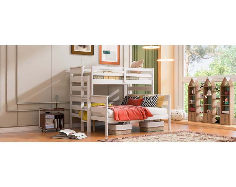 Lit simple superposé au-dessus de grand lit en bois avec échelle Wood, Blanc