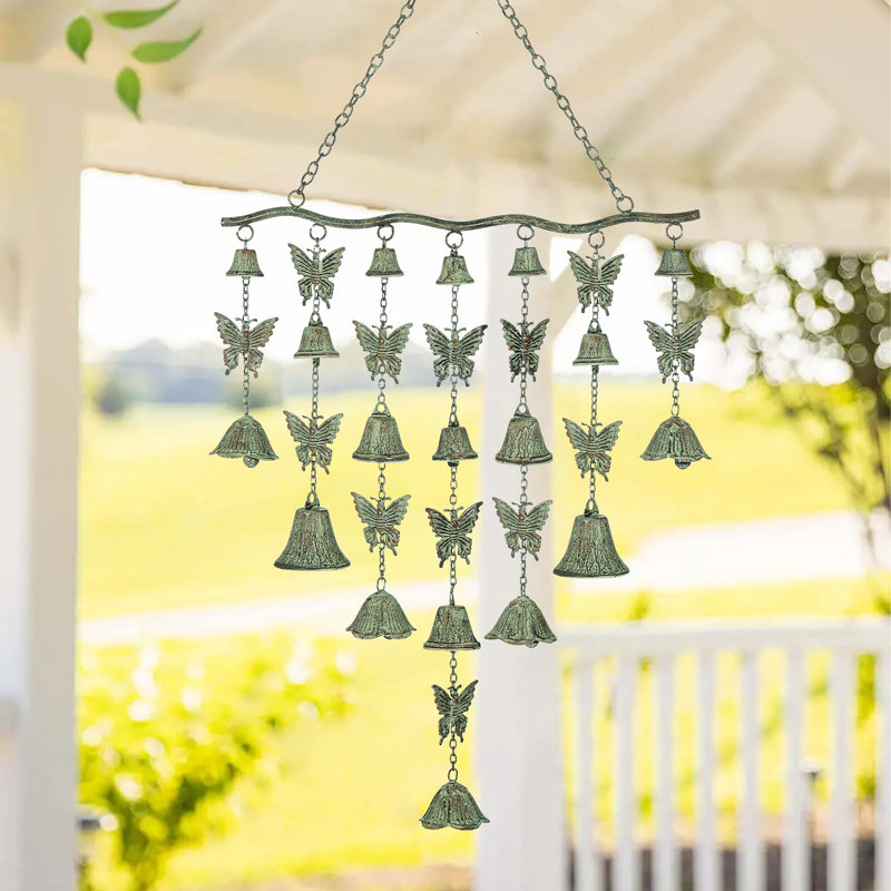 Large Verdigris Butterfly Wind Chimes with Wrought Iron Bell