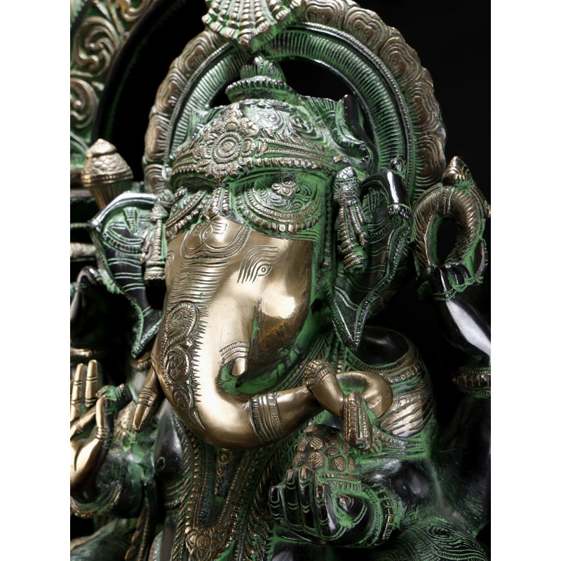 33" Large Temple Ganesha Brass Sculpture - Handcrafted Indian Chaturbhuja Statue with Musical Base & Divine Goddesses for Home Temple & Living Room Decor