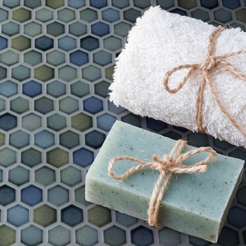 Hudson 1" Hex Atlantis 11-7/8" x 13-1/4" Porcelain Mosaic Tile, Blue