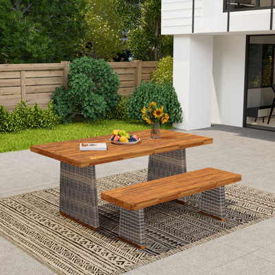 Outdoor Acacia Wood Dining Table Set with 1 Table and 1 Bench,Grey