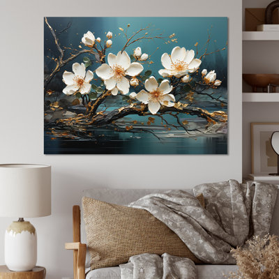 «White and Gold Charming Spring Flower Elegance I», art mural fleurs