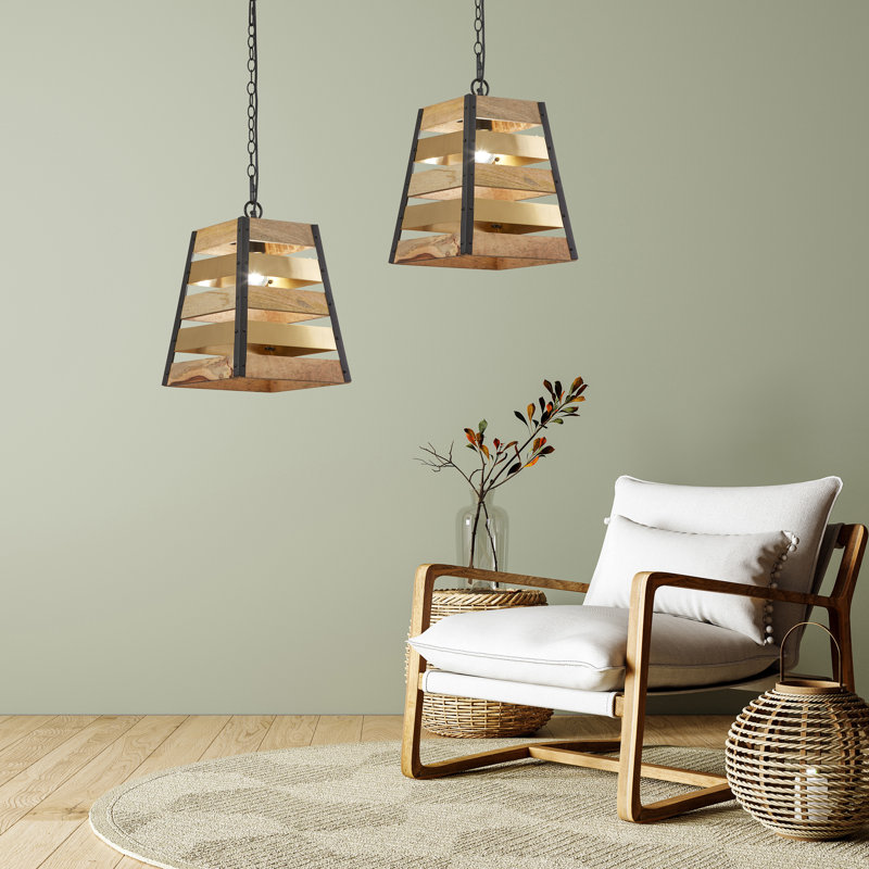 Aleacia 12"W Metal Hanging Pendant with Mango Wood and Gold Metal Slats Shade