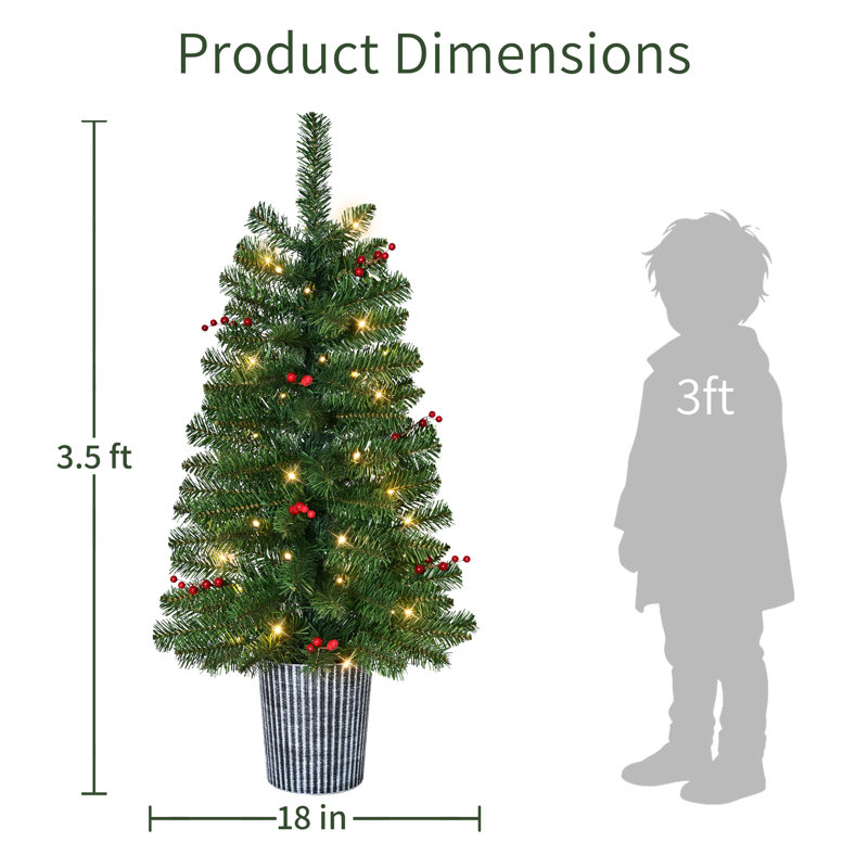 3.5ft Pre-Lit Set of 2 Potted Decorated Artificial Christmas Tree with 35 Clear Lights, 95 Realistic Branch Tips, Easy Setup Artificial Trees with Durable Sturdy Base