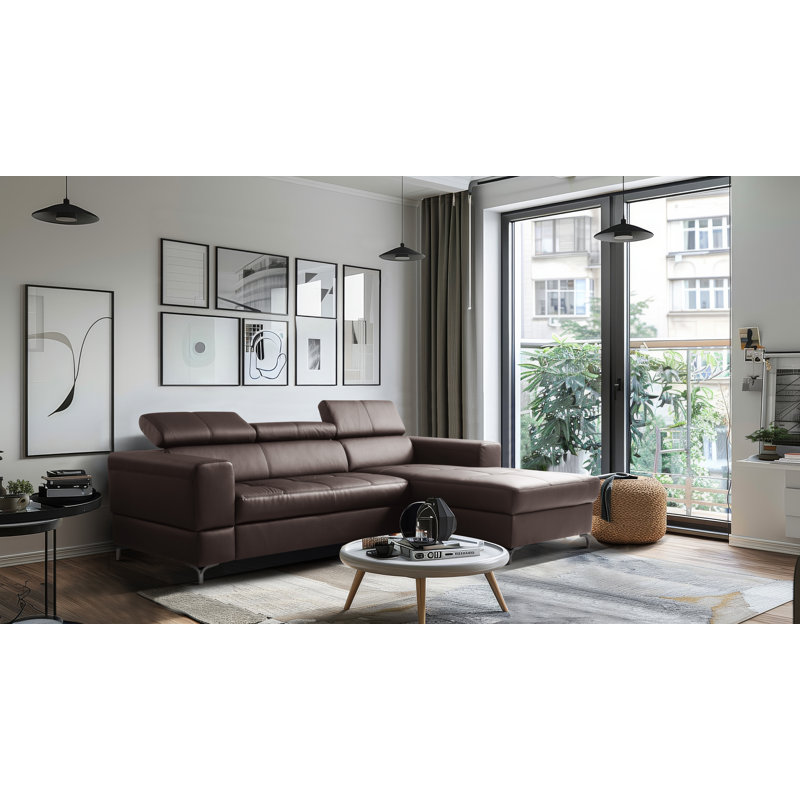 Tinos Genuine Leather Corner Sofa with Pull Out Bed with Storage and Adjustable Headrests, Right Hand Facing, Brown