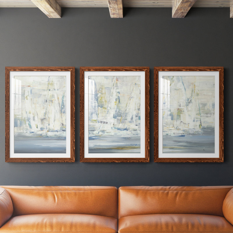 Regatta Time - Ensemble de 3 reproductions d'art encadrées, H 27,5 po x l 37,5 po x P 1 po, Papier avec cadre érable, Blanc