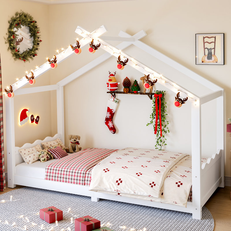 Twin House Floor Bed With Slats & Wood, Opening Constructure, Twin, White