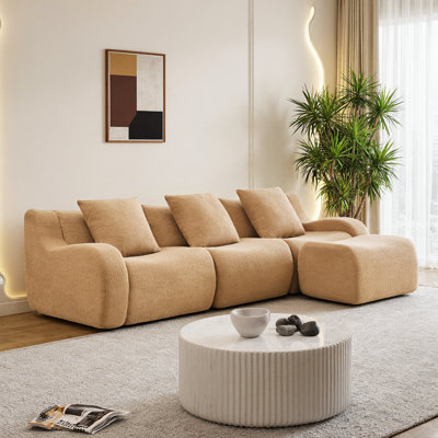 3-Seat Boneless Sofa with Chaise – High-Quality Teddy Fabric, Curved Armrests, Anti-Slip Base, No Assembly Needed, 32D High Density Sponge, Camel for Living Room or Bedroom