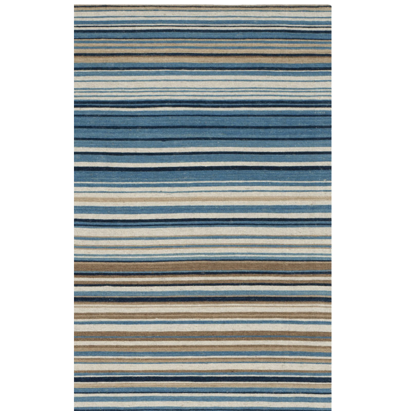 Howardwick Hand Loomed Wool/Cotton Striped Rug in Blue/Beige, Rectangle 3' x 5'