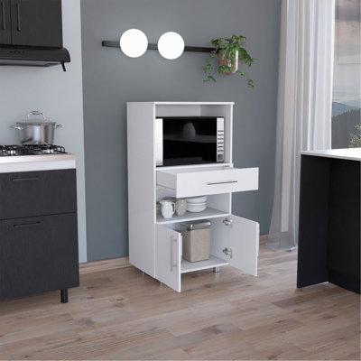 Kitchen Pantry H 48 ", deux tablettes de rangement ouvertes, une pour micro-ondes, deux portes, quatre pieds
