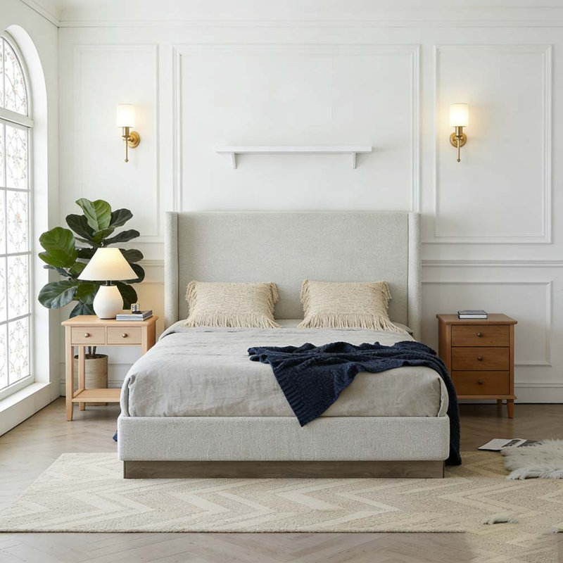 Lit plateforme tapissier à oreilles Minimalist Rustic No Noise, Double, blanc crème