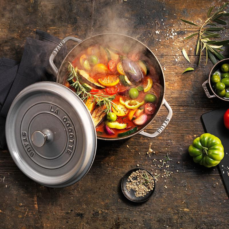 Staub Cast Iron 24cm Round Roaster/Cocotte, 3.8L, Dark Blue, Dishwasher Safe, 3.8 quarts, Graphite Gray