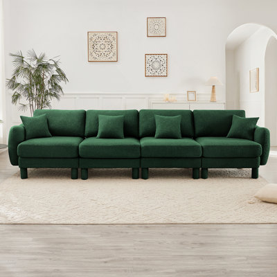 Boucle Fabric 4-Seater Sofa Couch With Distinctive Shell-Shaped Armrests And Cylindrical Legs, Ideal For Various Living Spaces And Comfortable Gatherings