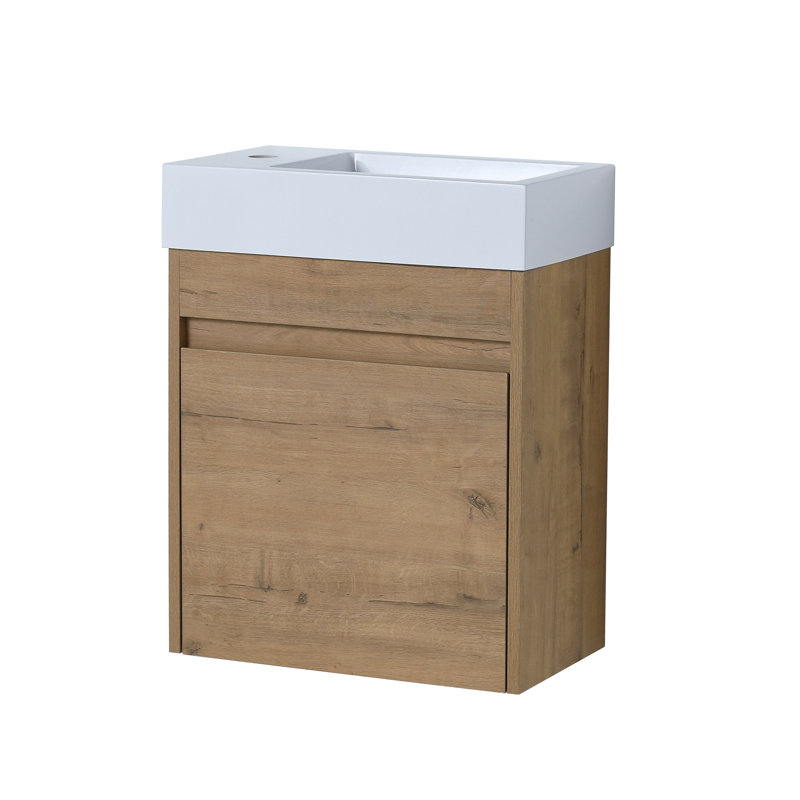 Meuble-lavabo flottant mural avec lavabo en résine et porte d'armoire à fermeture en douceur, Imitation chêne