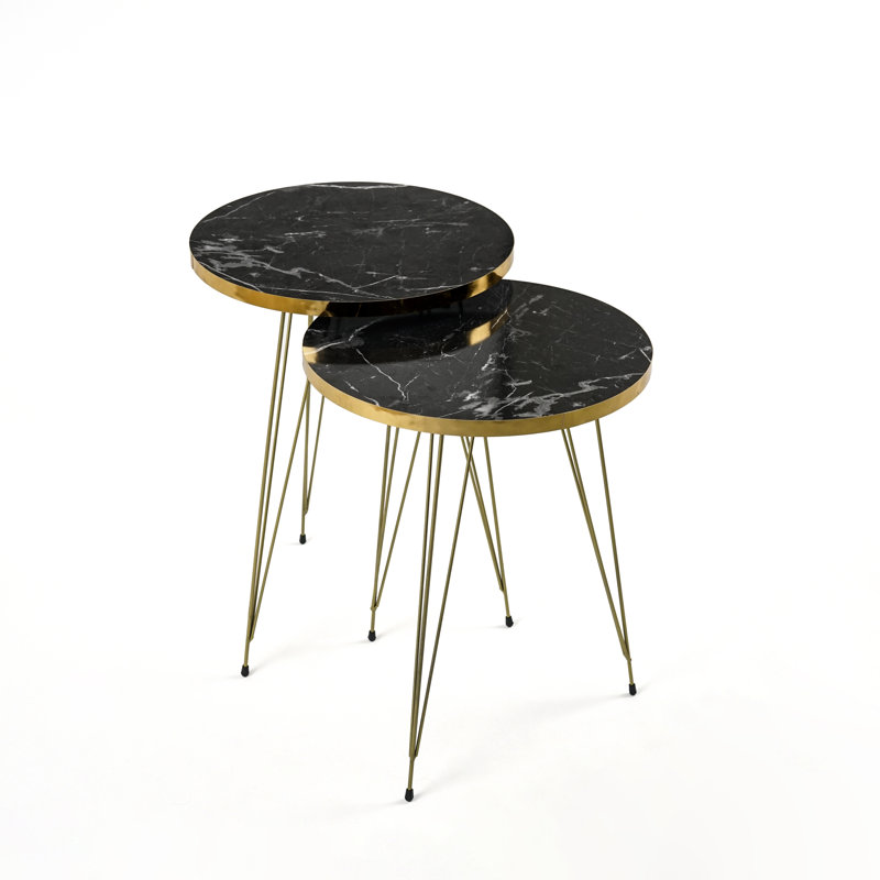 Marble-Look Side Nesting Tables Modern End Tables Set of 2 with Gold Legs, Black