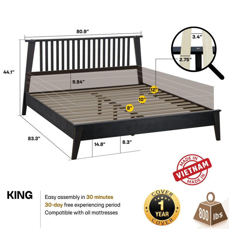 Kristoffer Premium Solid Wood Platform Bed Frame with Headboard – 800 lb Capacity, No Box Spring Needed, Fits All Mattresses
