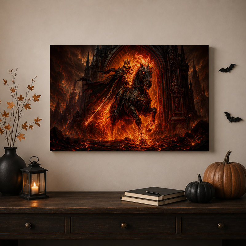 Roi squelette enflammé sur un cheval noir, toile murale gothique d'Halloween, 16"H x 24"W
