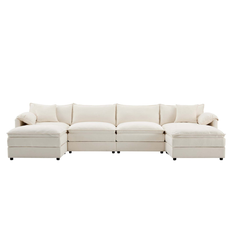 Chenille Modular Cloud Couch with Deep Wide Seating and Movable Ottomans, White Chenille