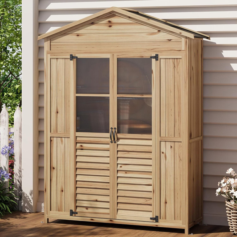 Outdoor Wooden Storage Cabinet with Asphalt Roof, Patio Garden Tool Storage Shed with 6 Adjustable Shelves, Weather-Resistant Fir Wood Organizer with Metal Ground Stakes & Anti-Tip Devices