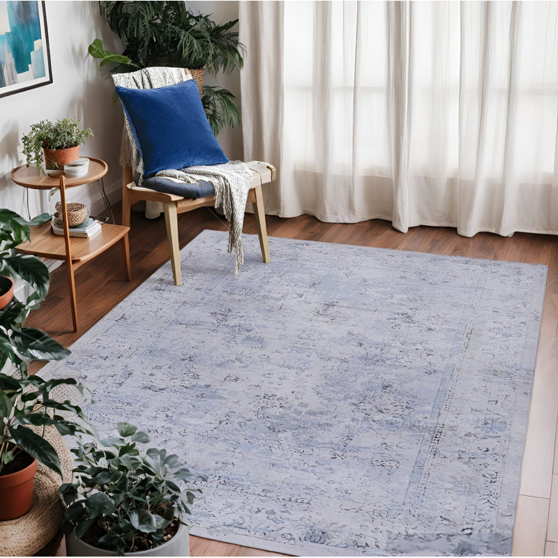 Maval Blue Washable Rug Oriental Indoor Rug, Rectangle 6' x 9'