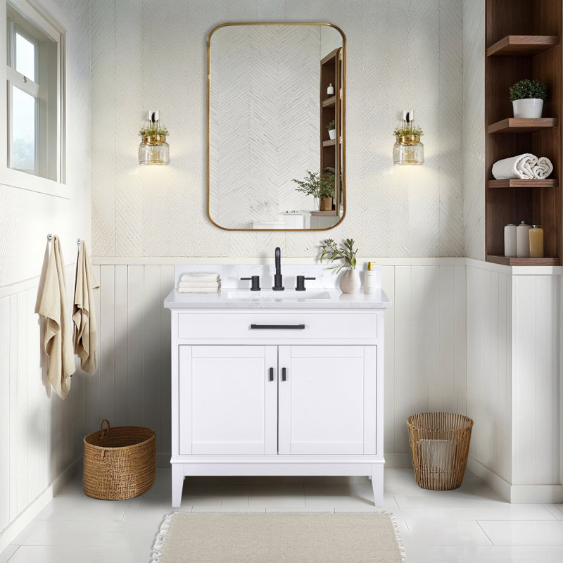 Meuble-lavabo simple 36 po avec plateau Anglet, Blanc, Blanc cala