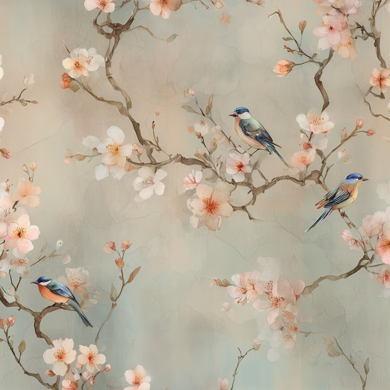 Papier peint floral oiseaux rétro, Peler et coller