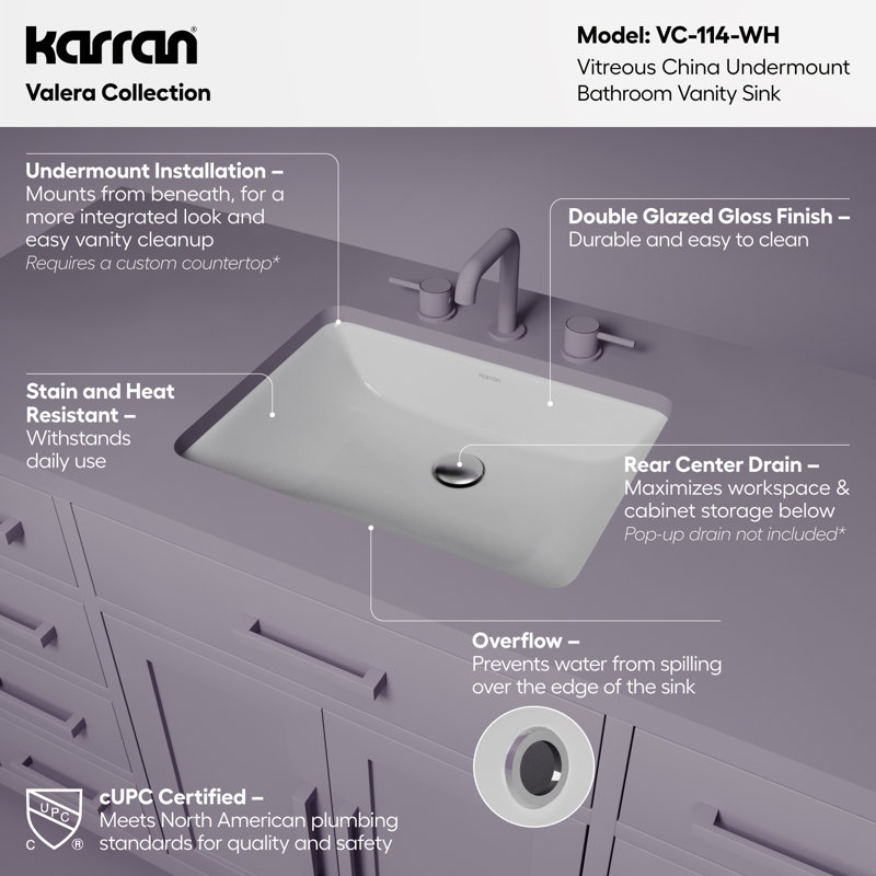 Karran Valera 20" Rectangular Undermount Vitreous China Bathroom Sink in White