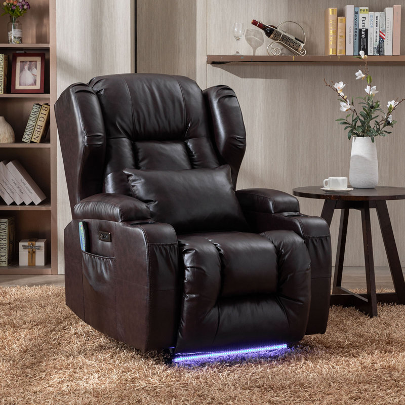 Faux Leather Power Reclining Home Theater Seat with Cup Holder, Brown