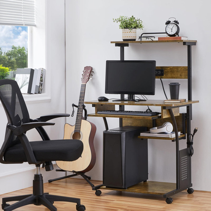 3-Tier Rolling Computer Desk with Charging Station, USB Ports, and Keyboard Tray for Home Office, Rustic Brown/Black