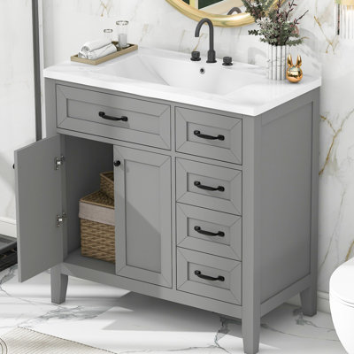 Meuble-lavabo de 36 po avec lavabo en céramique, armoire grise, structure en bois massif, fabrication et grands tiroirs pour les pièces de rangement,