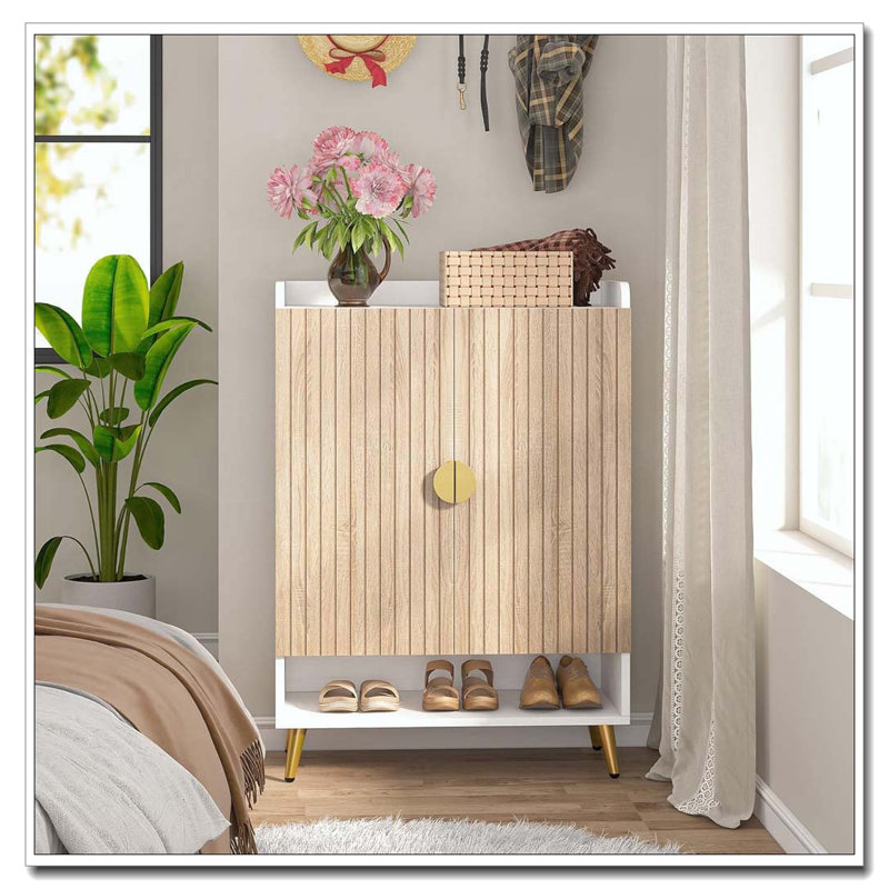 Wooden Shoe Cabinet With Doors, 7-Tier Shoe Storage Organizer, White/Natural