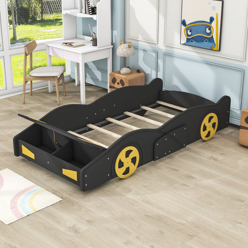Lit plateforme simple en bois avec espace de rangement et lattes Aerabella, Noir/jaune
