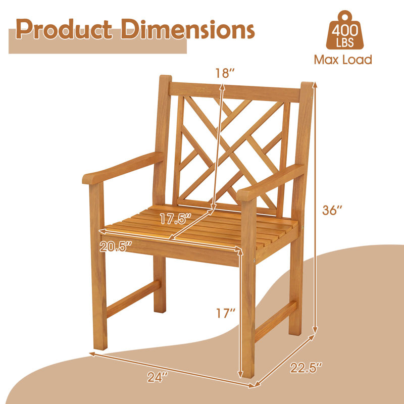 Ensemble de 2 chaises de patio d'extérieur en bois d'acacia à lattes avec accoudoirs, 2