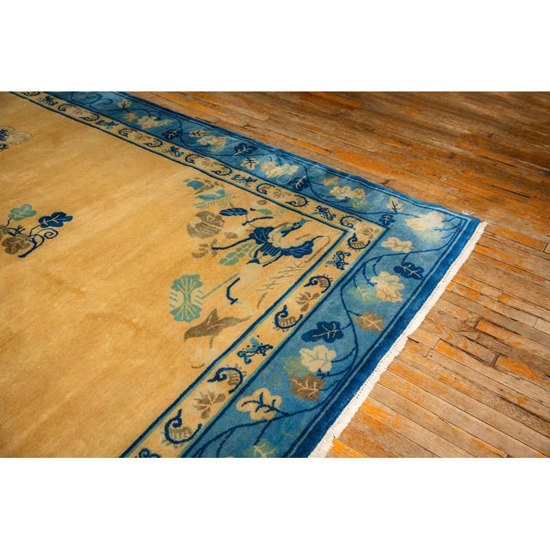 1920s Large Size Bold Yellow Field Handknotted Art Deco Wool Antique Chinese Rug