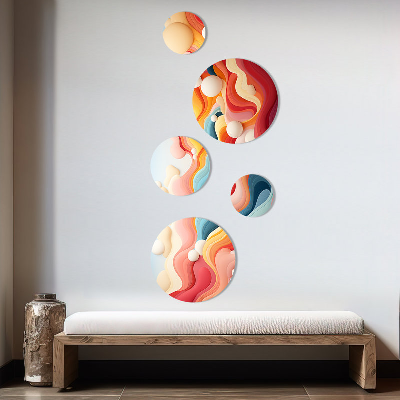 Coloré paysage de montagne fantastique II - ensemble abstrait d'art mural rond de 5